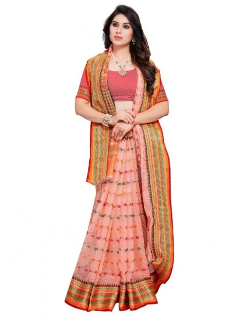 Women's Kota Doria Cotton Woven Butta Saree With Blouse (Peach, 5-6 Mtrs)