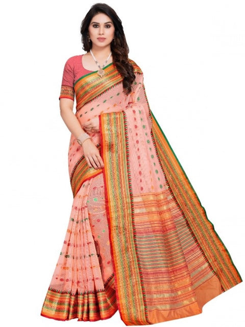 Women's Kota Doria Cotton Woven Butta Saree With Blouse (Peach, 5-6 Mtrs)