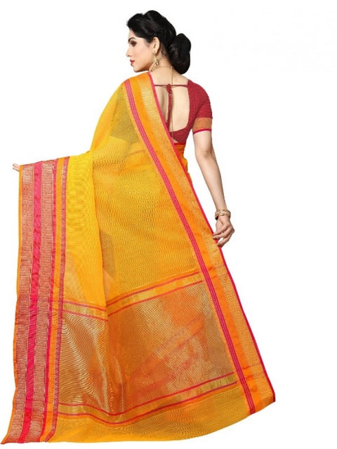 Women's Kota Doria Cotton Border Saree With Blouse (Gold, 5-6 Mtrs)
