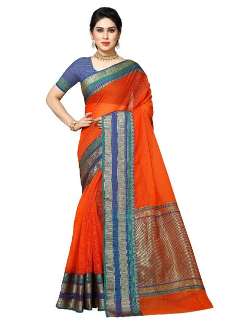 Women's Kota Doria Cotton Border Saree With Blouse (Fanta, 5-6 Mtrs)