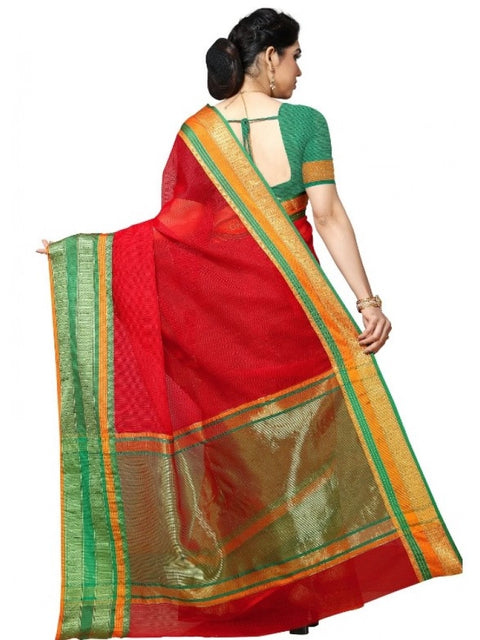 Women's Kota Doria Cotton Border Saree With Blouse (Red, 5-6 Mtrs)