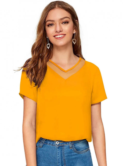 Generic Women's Polyester, Knitting Western Wear T-Shirt (Yellow)