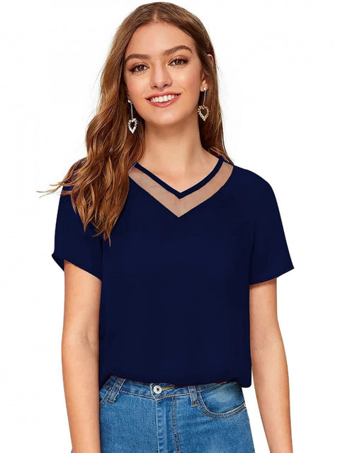 Generic Women's Polyester, Knitting Western Wear T-Shirt (Blue)