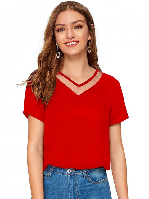 Generic Women's Polyester, Knitting Western Wear T-Shirt (Red)