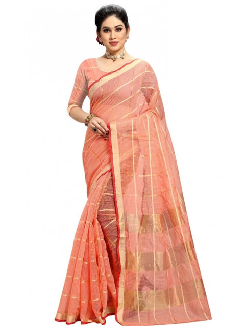 Women's Kota Doria Cotton Checked Saree With Blouse (Peach, 5-6 Mtrs)