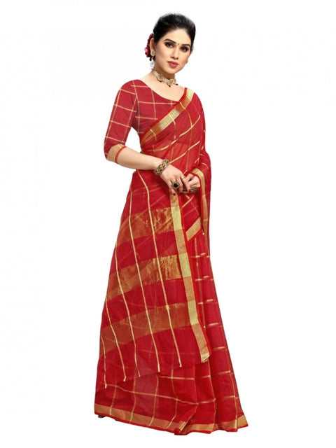 Women's Kota Doria Cotton Checked Saree With Blouse (Red, 5-6 Mtrs)