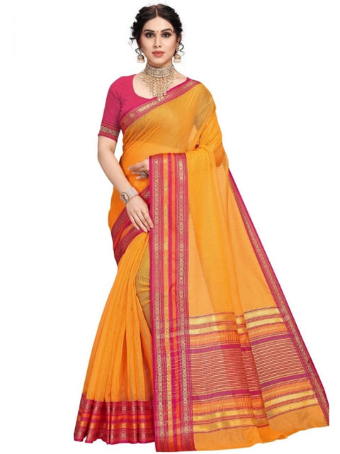 Women's Kota Doria Cotton Bordered Saree With Blouse (Gold, 5-6 Mtrs)