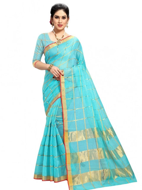 Women's Kota Doria Cotton Checked Saree With Blouse (Sky Blue, 5-6 Mtrs)