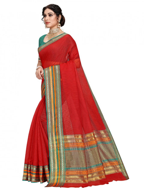 Women's Kota Doria Cotton Bordered Saree With Blouse (Red, 5-6 Mtrs)