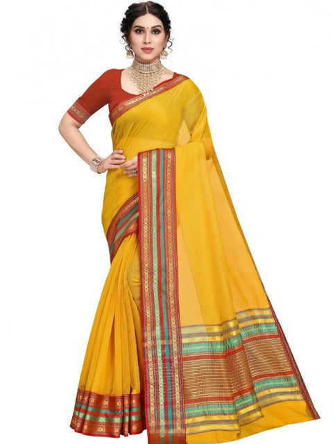 Women's Kota Doria Cotton Bordered Saree With Blouse (Yellow, 5-6 Mtrs)