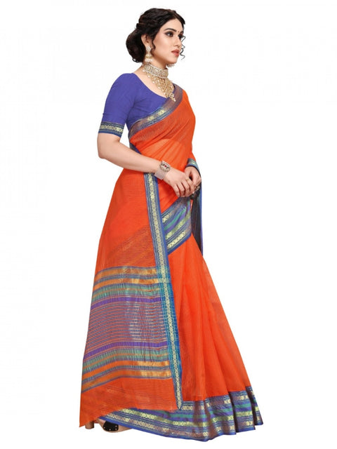 Women's Kota Doria Cotton Bordered Saree With Blouse (Fanta, 5-6 Mtrs)