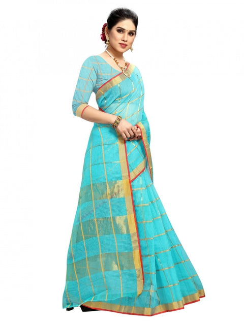 Women's Kota Doria Cotton Checked Saree With Blouse (Sky Blue, 5-6 Mtrs)