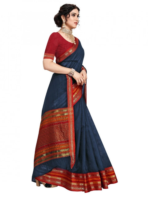 Women's Kota Doria Cotton Bordered Saree With Blouse (Navy Blue, 5-6 Mtrs)