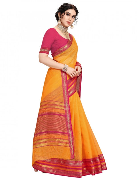 Women's Kota Doria Cotton Bordered Saree With Blouse (Gold, 5-6 Mtrs)