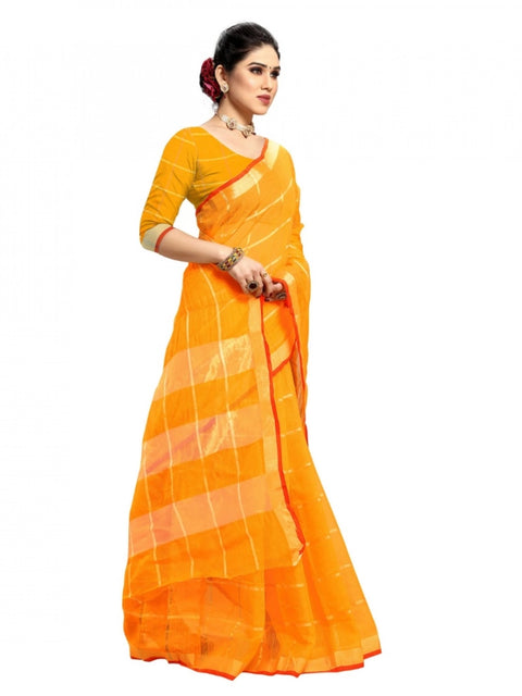 Women's Kota Doria Cotton Checked Saree With Blouse (Yellow, 5-6 Mtrs)