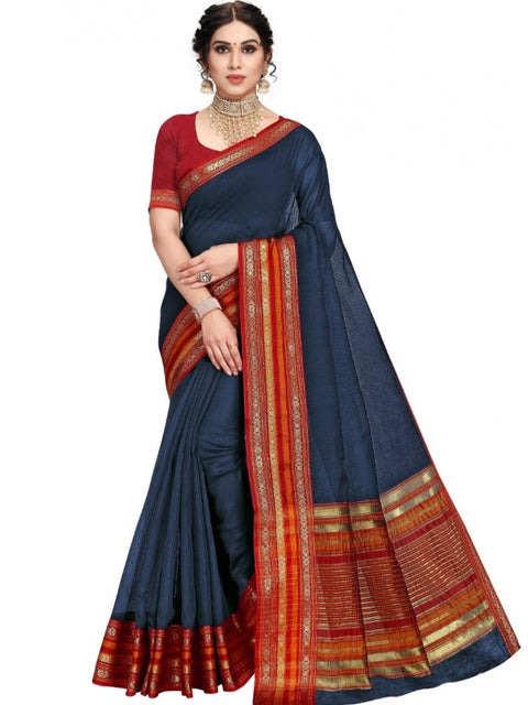 Women's Kota Doria Cotton Bordered Saree With Blouse (Navy Blue, 5-6 Mtrs)
