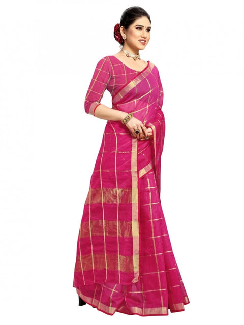 Women's Kota Doria Cotton Checked Saree With Blouse (Rani, 5-6 Mtrs)