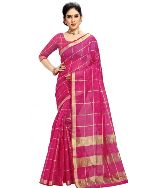 Women's Kota Doria Cotton Checked Saree With Blouse (Rani, 5-6 Mtrs)