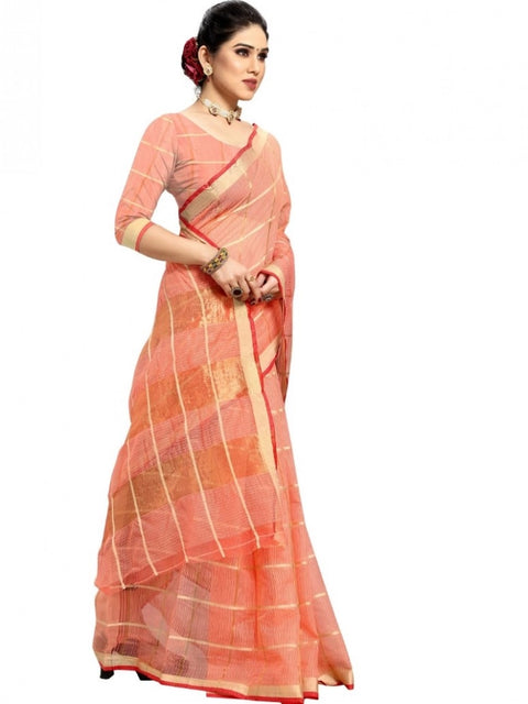 Women's Kota Doria Cotton Checked Saree With Blouse (Peach, 5-6 Mtrs)