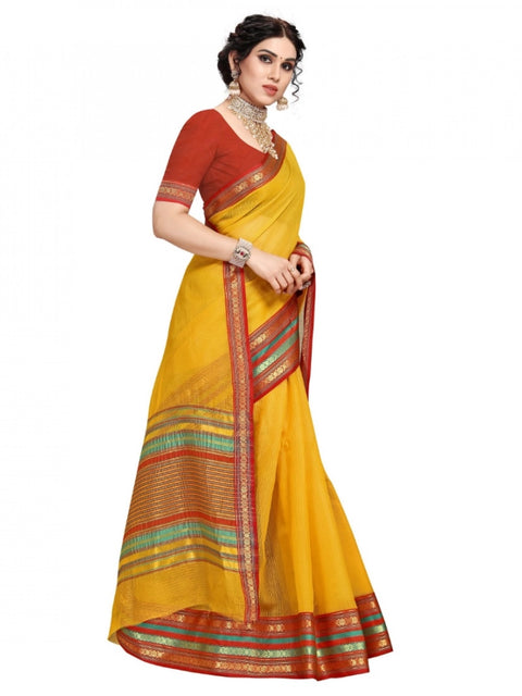 Women's Kota Doria Cotton Bordered Saree With Blouse (Yellow, 5-6 Mtrs)
