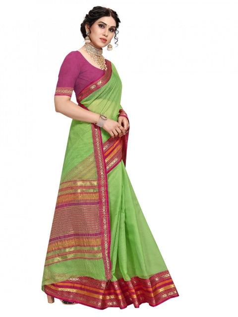 Women's Kota Doria Cotton Bordered Saree With Blouse (Light Green, 5-6 Mtrs)