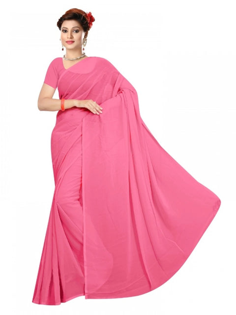 Women's Georgette Plain Saree With Blouse (Pink, 5-6 Mtrs)