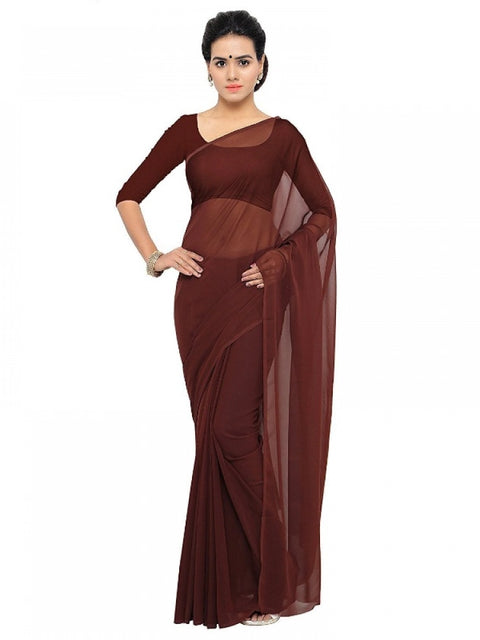 Women's Georgette Plain Saree With Blouse (Coffee, 5-6 Mtrs)