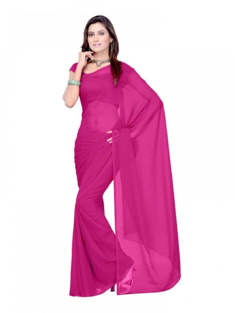 Women's Georgette Plain Saree With Blouse (Wine, 5-6 Mtrs)