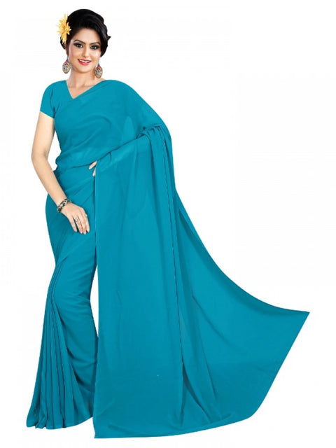 Women's Georgette Plain Saree With Blouse (Dark Firozi, 5-6 Mtrs)