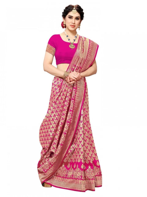 Women's Jacquard Silk Kanjivaram Jacquard Silk Saree With Blouse (Pink, 5-6 Mtrs)