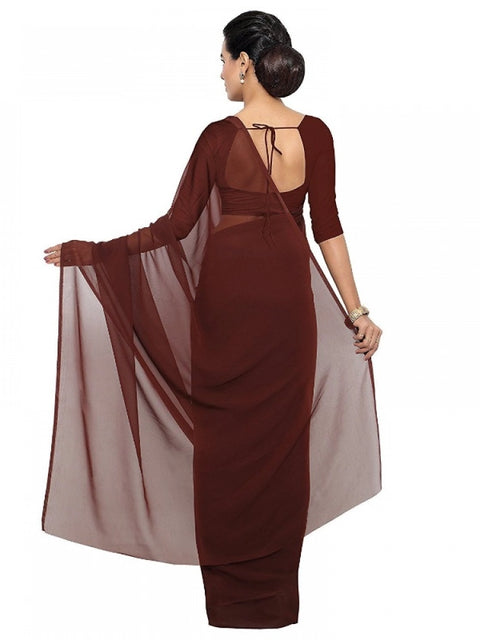 Women's Georgette Plain Saree With Blouse (Coffee, 5-6 Mtrs)