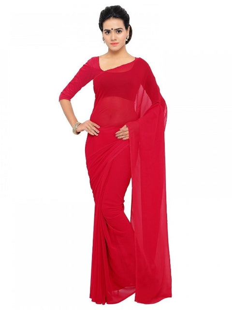 Women's Georgette Plain Saree With Blouse (Red, 5-6 Mtrs)