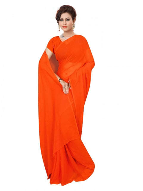 Women's Georgette Plain Saree With Blouse (Orange, 5-6 Mtrs)