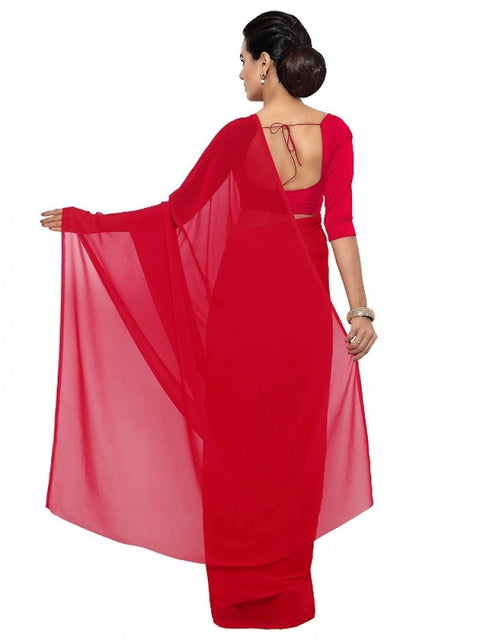 Women's Georgette Plain Saree With Blouse (Red, 5-6 Mtrs)