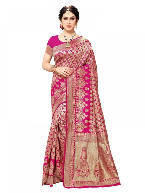 Women's Jacquard Silk Kanjivaram Jacquard Silk Saree With Blouse (Pink, 5-6 Mtrs)
