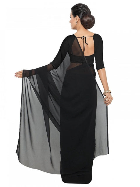 Women's Georgette Plain Saree With Blouse (Black, 5-6 Mtrs)