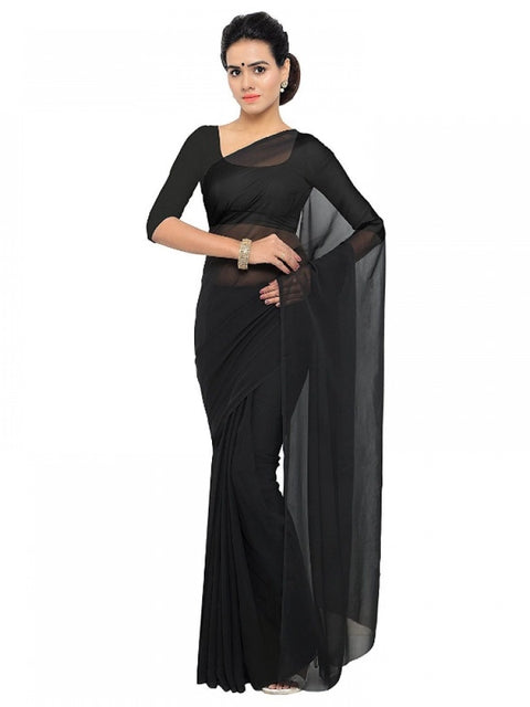 Women's Georgette Plain Saree With Blouse (Black, 5-6 Mtrs)