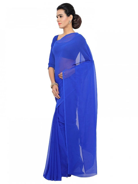 Women's Georgette Plain Saree With Blouse (Royal Blue, 5-6 Mtrs)