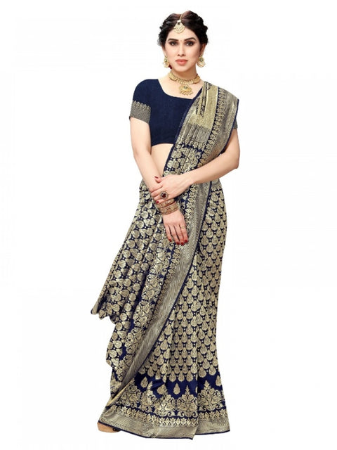 Women's Jacquard Silk Kanjivaram Jacquard Silk Saree With Blouse (Navy Blue, 5-6 Mtrs)