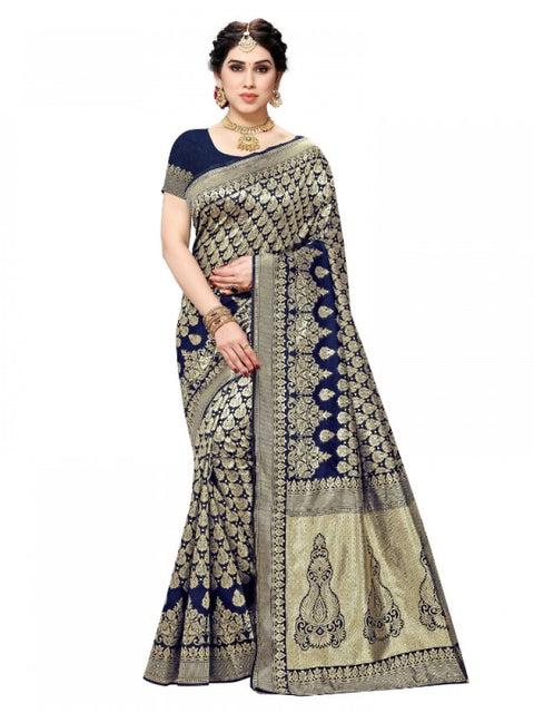 Women's Jacquard Silk Kanjivaram Jacquard Silk Saree With Blouse (Navy Blue, 5-6 Mtrs)