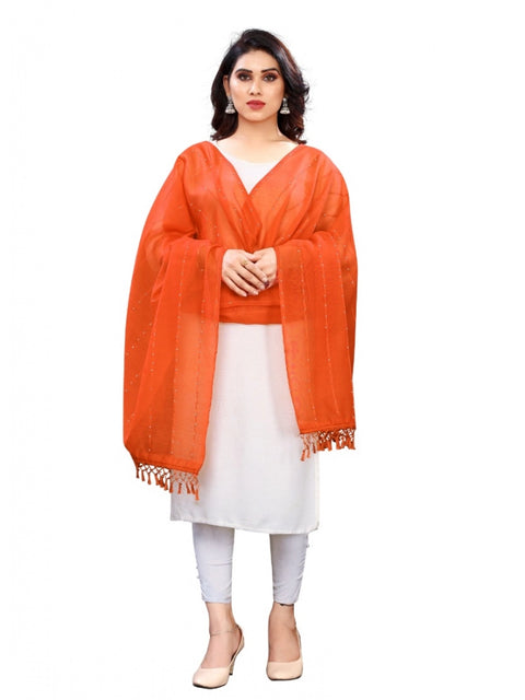 Generic Women's Cotton Silk Strips Printed Dupatta (Orange, Length:2-2.4 mtr)