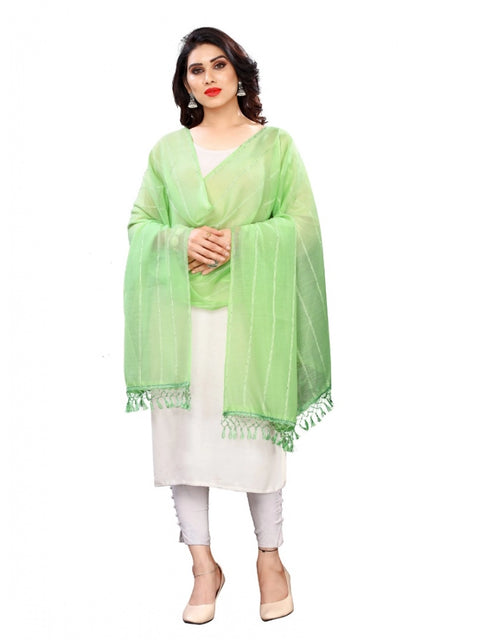 Generic Women's Cotton Silk Strips Printed Dupatta (Parrot Green, Length:2-2.4 mtr)