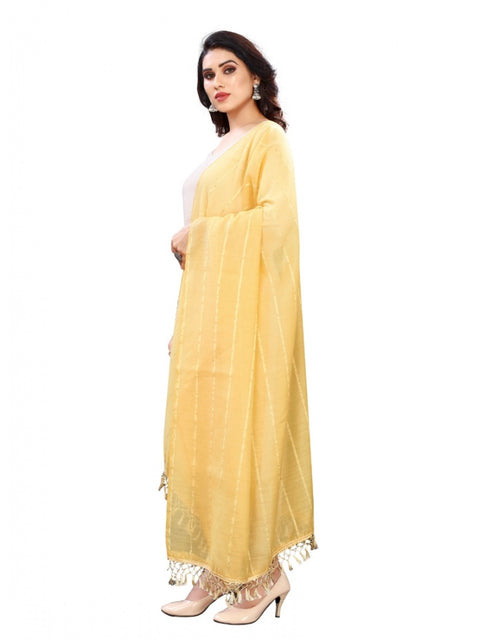 Generic Women's Cotton Silk Strips Printed Dupatta (Yellow, Length:2-2.4 mtr)