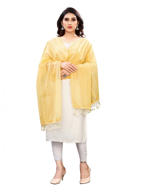 Generic Women's Cotton Silk Strips Printed Dupatta (Yellow, Length:2-2.4 mtr)