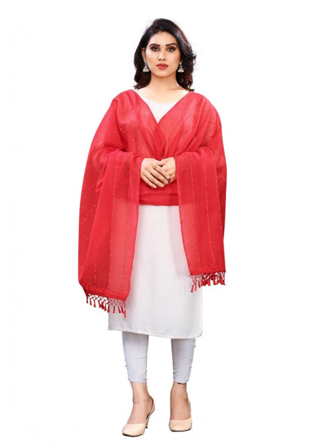 Generic Women's Cotton Silk Strips Printed Dupatta (Red, Length:2-2.4 mtr)