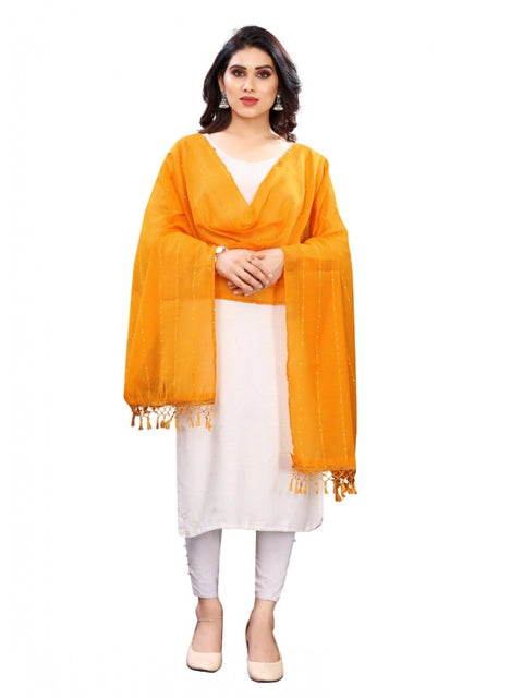 Generic Women's Cotton Silk Strips Printed Dupatta (Musterd Yellow, Length:2-2.4 mtr)