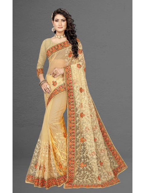 Women's Net Saree With Blouse (Chiku, 5-6Mtrs)