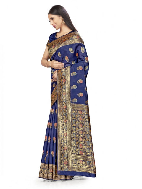 Women's Banarasi Silk Saree With Blouse (Navy Blue, 5-6Mtrs)