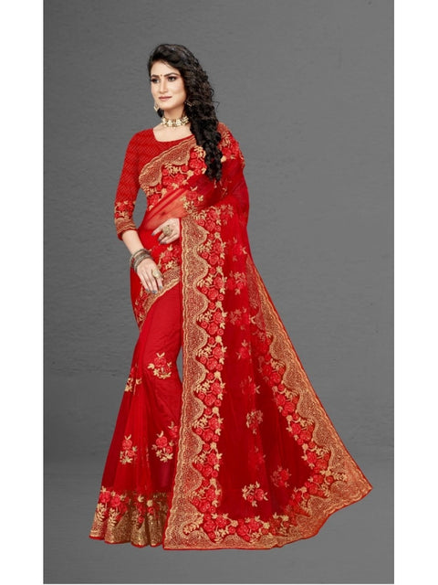 Women's Net Saree With Blouse (Red, 5-6Mtrs)