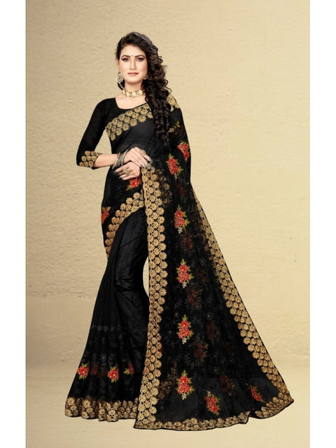 Women's Net Saree With Blouse (Black, 5-6Mtrs)